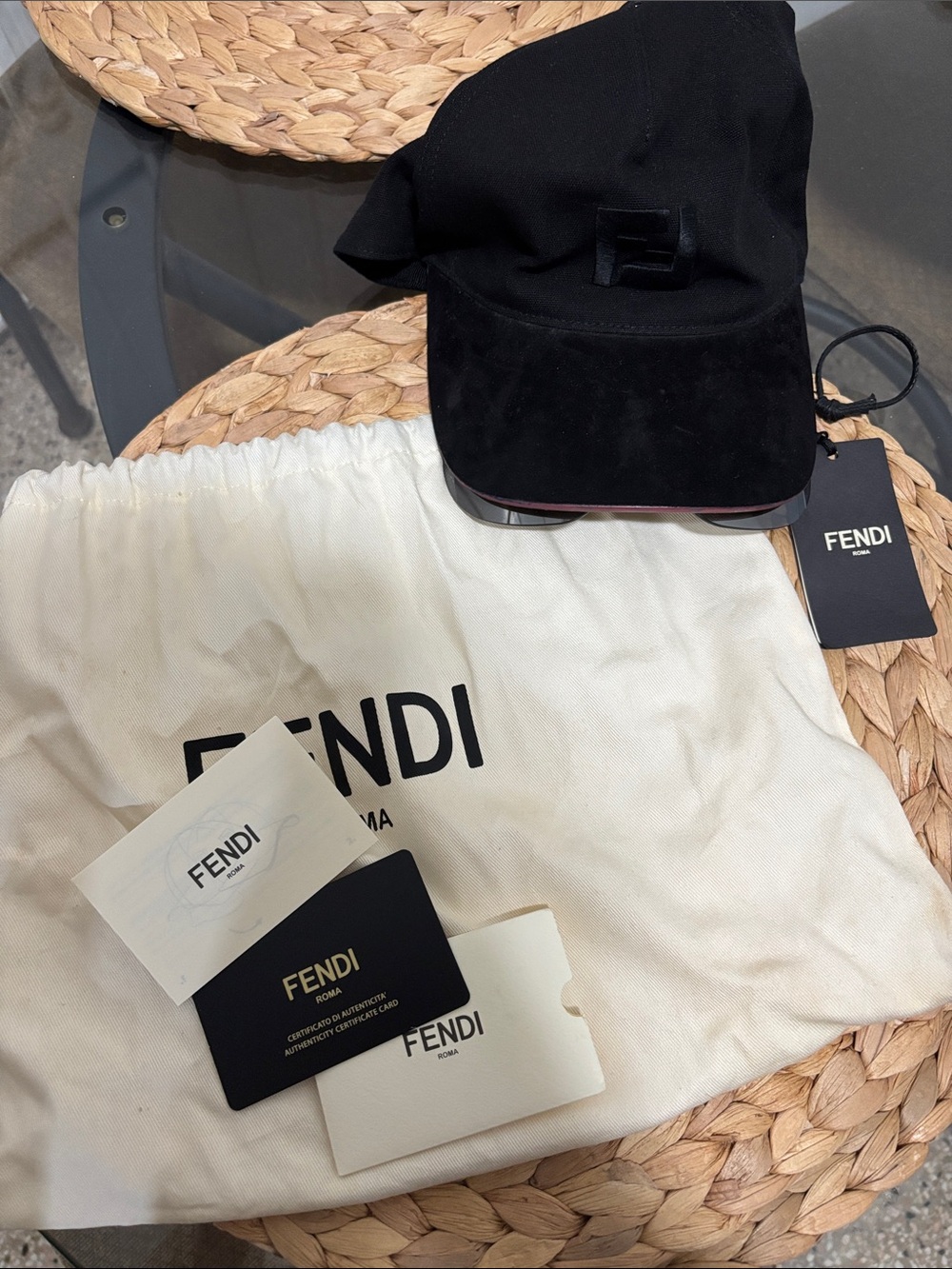 Fendi Black Suede and Cotton Logo Baseball Cap